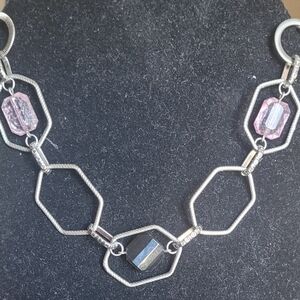 Lia Sophia Necklace VAULT Black Purple Station Beads Silver Tone Hexagon Links